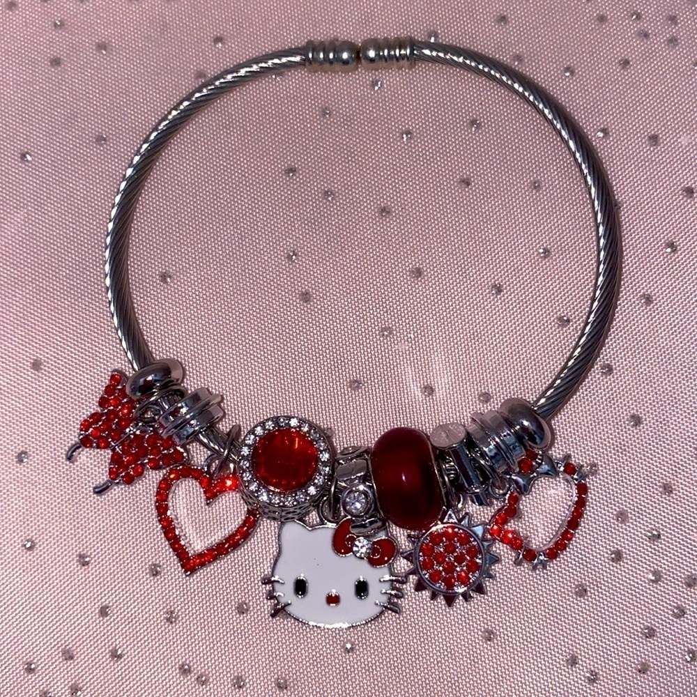 Hello kitty charm bracelet Sanrio silver adjustable band red bow kitty crystals - Picture 4 of 5